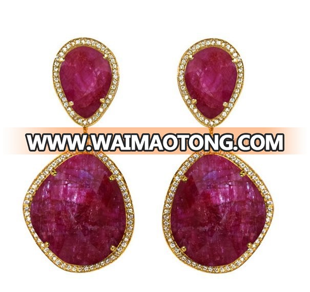 Dyed Ruby Irregular Shape Pave Set Drop Earrings