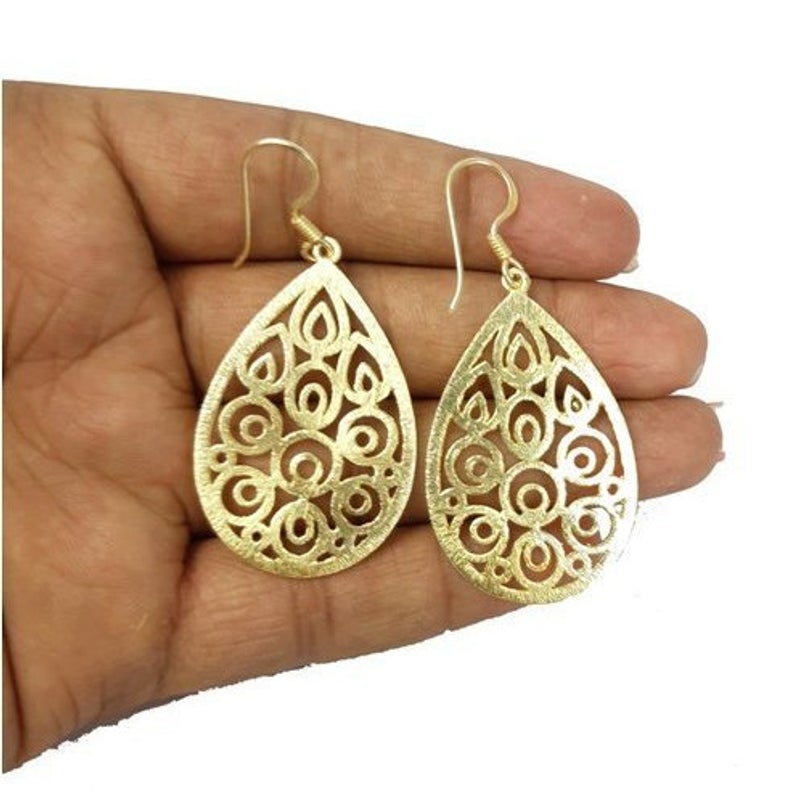 Gold Plated Brushed Cutout Circular Teardrop Shaped Charm Dangle Earring