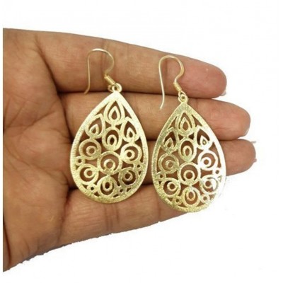 Gold Plated Brushed Cutout Circular Teardrop Shaped Charm Dangle Earring